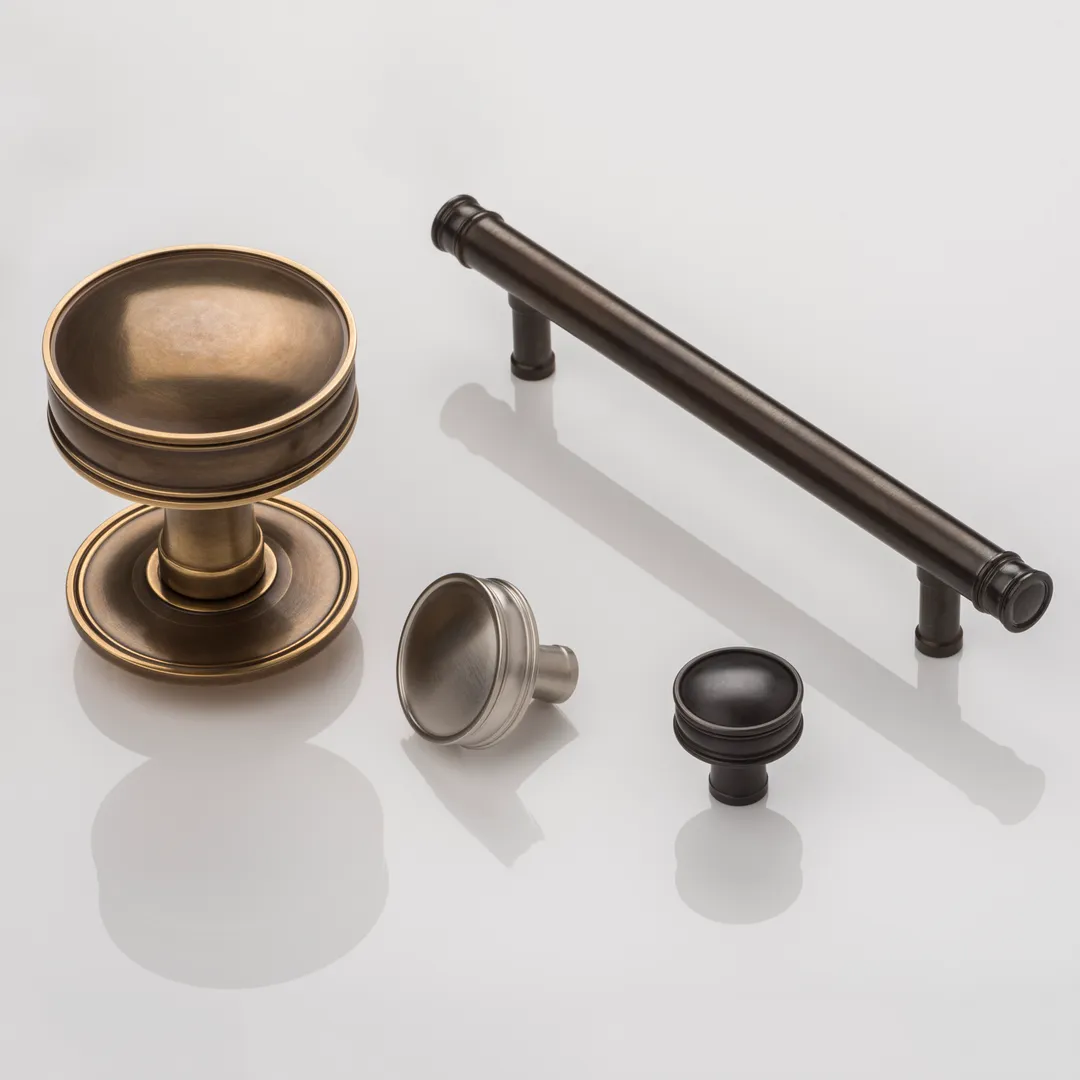 Huntingford Group Shot (CP1104, CH1070, DK1004) in Mid Antique Brass Waxed - MABW, Dark Bronze Waxed - DBZW & Brushed Nickel - BN on white background