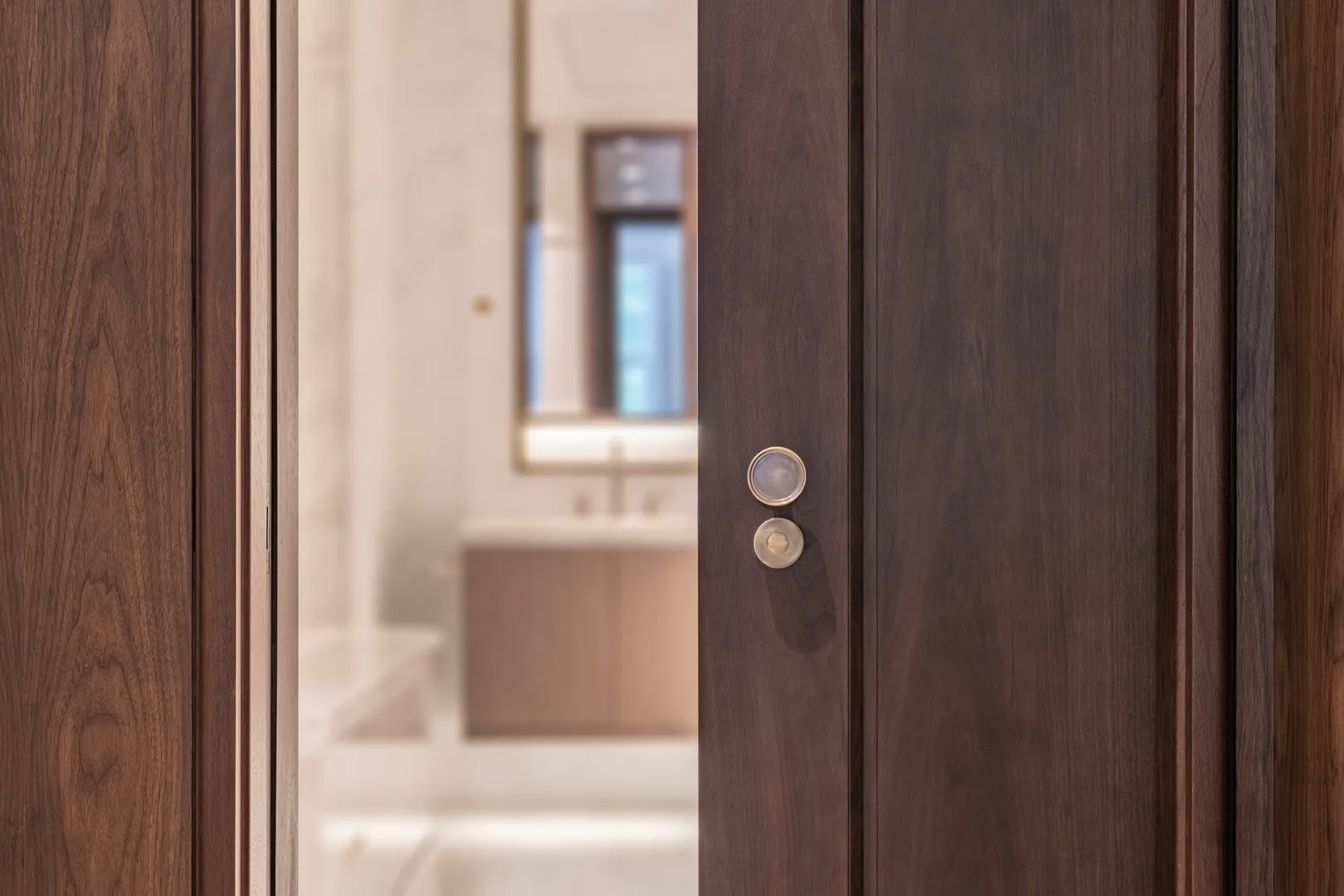1 Grosvenor Square - Bathroom Pocket Door with Beresford Door Knob (DK1046) and Emergency Release (RL1015) in Mid Antique Brass Waxed - MABW