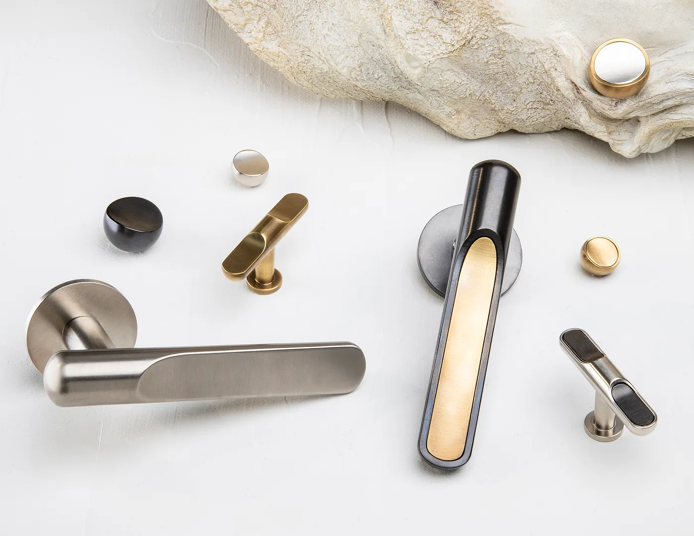 Contour Group Shot (LV1217, CP1151, CP1152, LV1219, CP1159, CP1160) in Mid Antique Brass Waxed - MABW, Polished Brass Waxed - PBW, Brushed Nickel - BN & Dark Bronze Waxed - DBZW