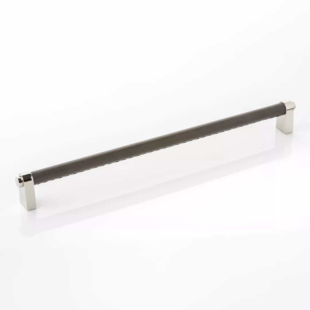 Irvine Cabinet Handle (CH1050) in Polished Nickel and Warm Grey Leather on a white background