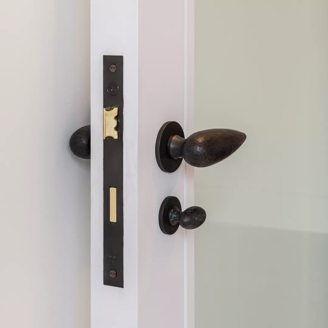 Square crop of the Reddington Road Landing with Bespoke Lever, Privacy Turn, and Privacy Latch Lock (LA1055) in Dark Bronze Waxed - DBZW on internal hinged glass door.