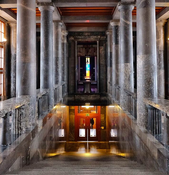 The stairway of the Plecnik-designed National and University Library of Slovenia in Ljubljana, which was one of the inspirations behind the marble Collett collection.