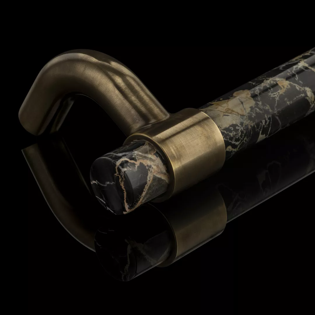 CZ Marble Door Pull (DP1050) Bolt-through in Mid Antique Brass Waxed - MABW & Black Portoro Marble - BPM Arty.