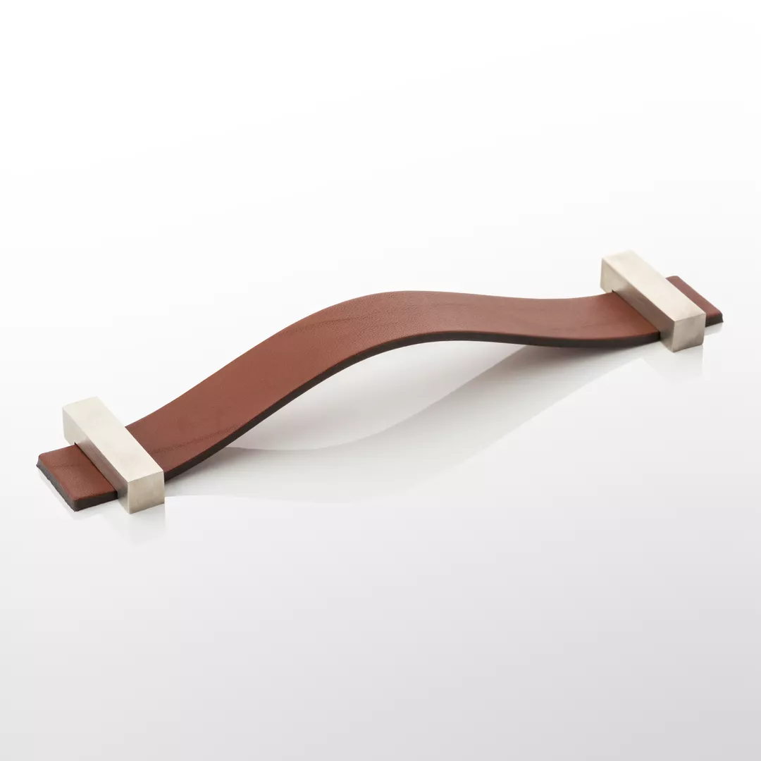 Ascot Cabinet Handle (CH1020) in Brushed Nickel and Dark Tan Leather on a white background