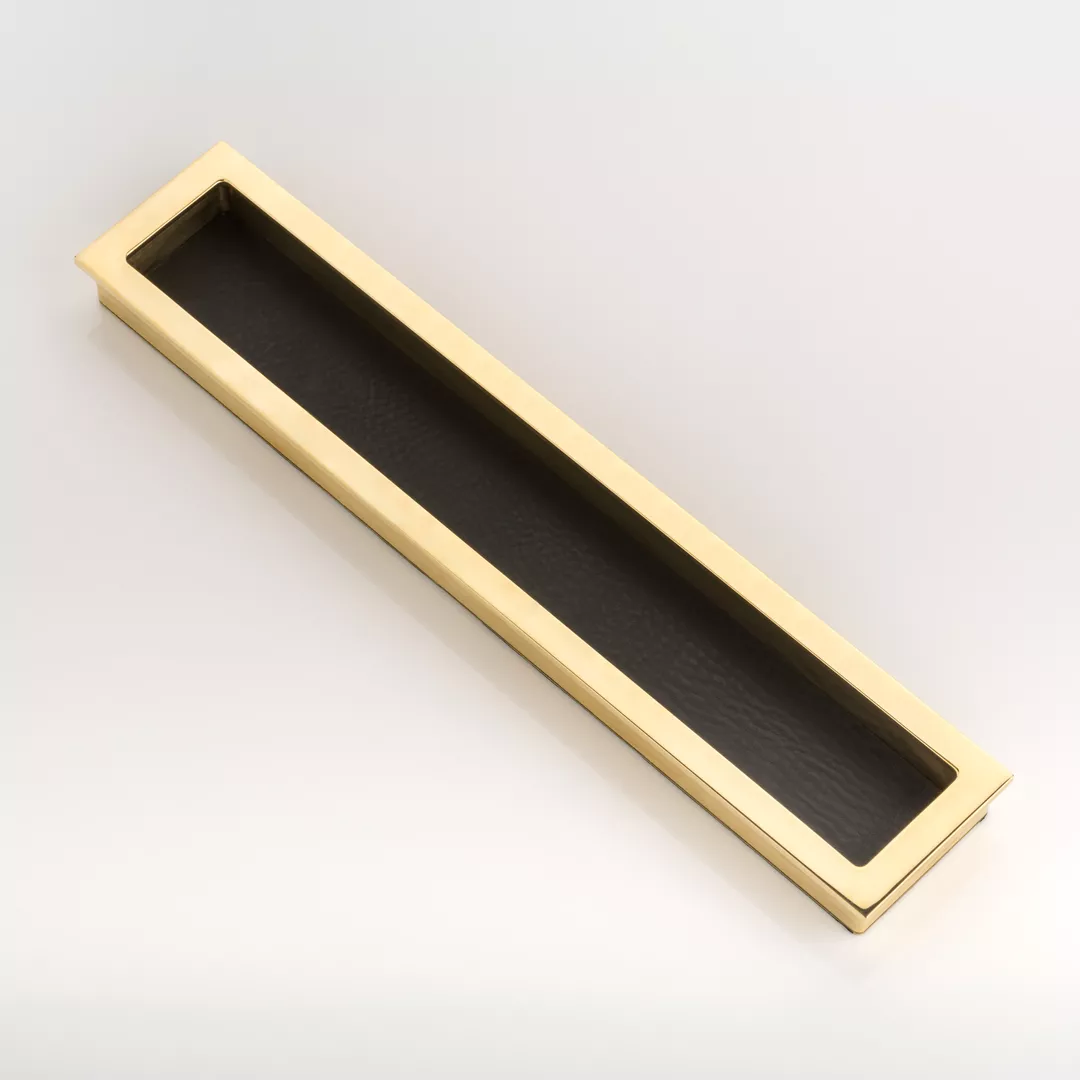 Rectangular Recessed Pull with Bridle Leather (SF1076) in Polished Brass Waxed - PBW & Antique Black Leather - JGL06 on a white background.