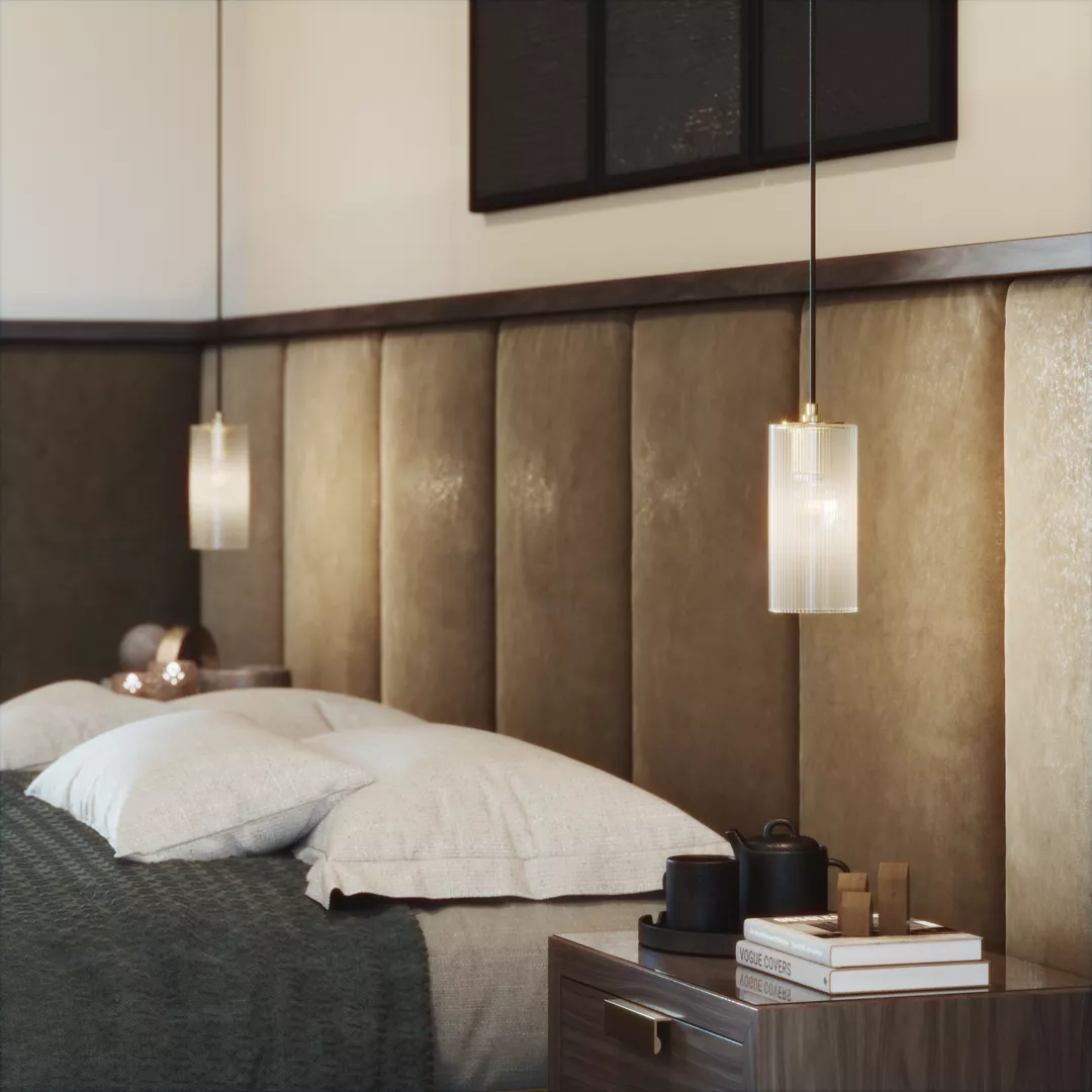 Montgomery Single Pendant Light with Fine Fluted Glass (LC1001) in Polished Brass Waxed - PBW in Modern Bedroom (2).jpg