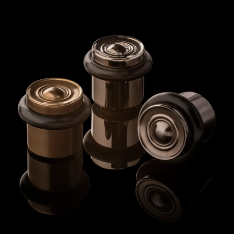 Group Shot - Remmington Door Stoppers (DS1003) in Mid Antique Brass Waxed - MABW, Dark Bronze Waxed - DBZW & Polished Nickel - PN