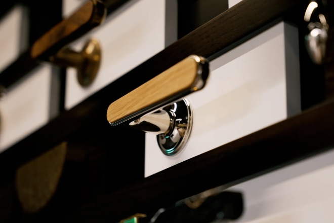 Sample products in brand room, Halsey III Timber Lever (LV1192) in Brushed Nickel - BN & Oak