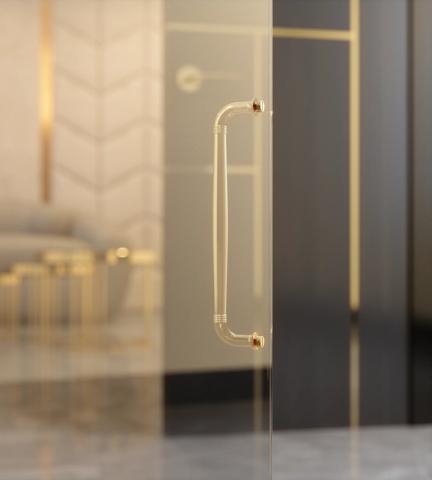 Glass cabinet door with Hurleigh Cabinet Handle (CH1054) & Non-Countersunk Cabinet Hardware Fitting (FT1048) in Polished Brass Waxed - PBW