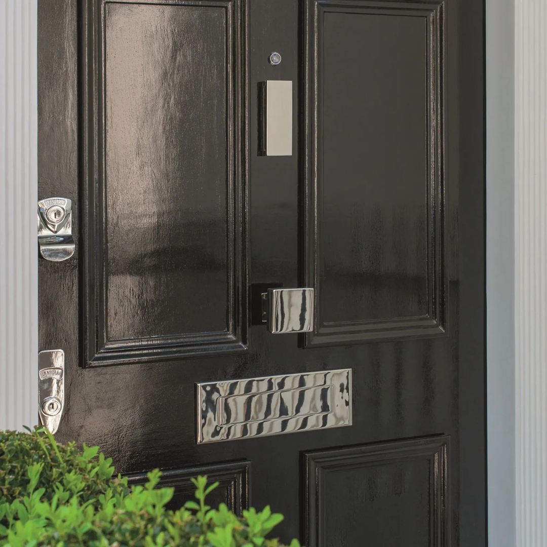 24 Wilton Place - Entrance Door with Berkeley Entrance Door Knocker (ED1004), Letter Flap (ED1008) and Statement Entrance Door Pull (ED1002) in Polished Nickel - PN