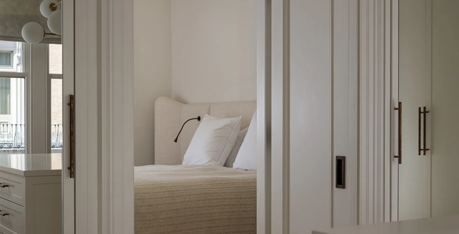 De Vere House (Victoria Road) - Dressing Room with Rolled & Hammered Cabinet Handles (CH1012) & Rectangular Recessed Pull (SF1049) in Mid Antique Brass Waxed - MABW