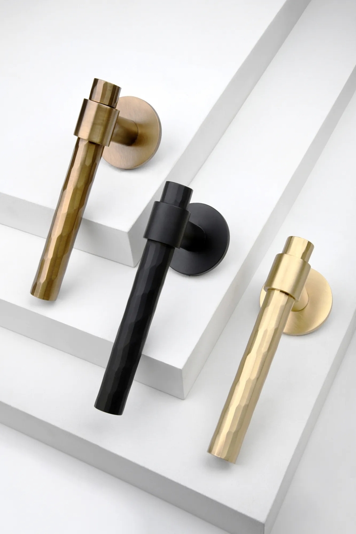 Rolled & Hammered Lever (LV1047) in ageless finishes Mid Antique Brass Ceramic - CMAB, Brushed Brass Ceramic - CBB & Soft Black Ceramic - CSB