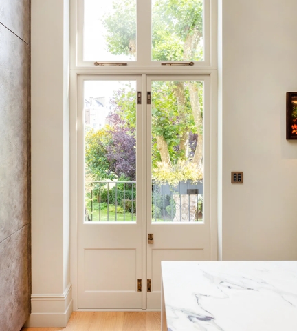 Little Venice, Sutherland Avenue - French Doors with Casement Window Stay (WN1084) & Recessed Bolt (BL1027) & Escutcheon Pull (ED1035) in Mid Antique Brass Waxed - MABW