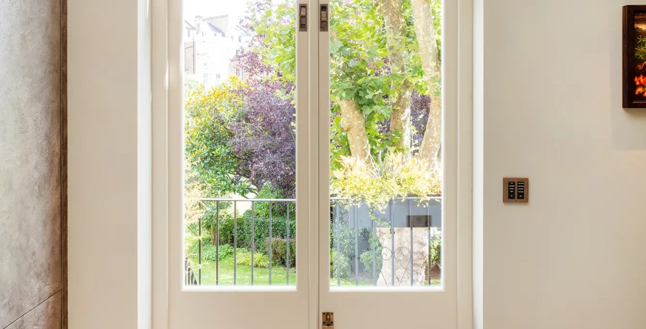 Little Venice, Sutherland Avenue - French Doors with Casement Window Stay (WN1084) & Recessed Bolt (BL1027) & Escutcheon Pull (ED1035) in Mid Antique Brass Waxed - MABW