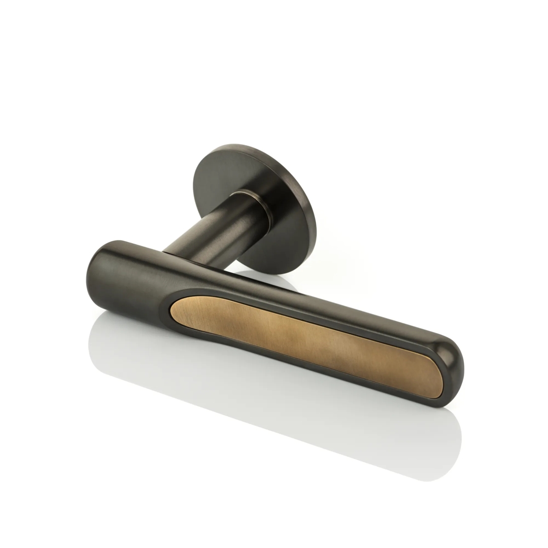 Contour Lever with brass inlay (LV1217) in Dark Bronze Waxed - DBZW & Mid Antique Brass Waxed - MABW