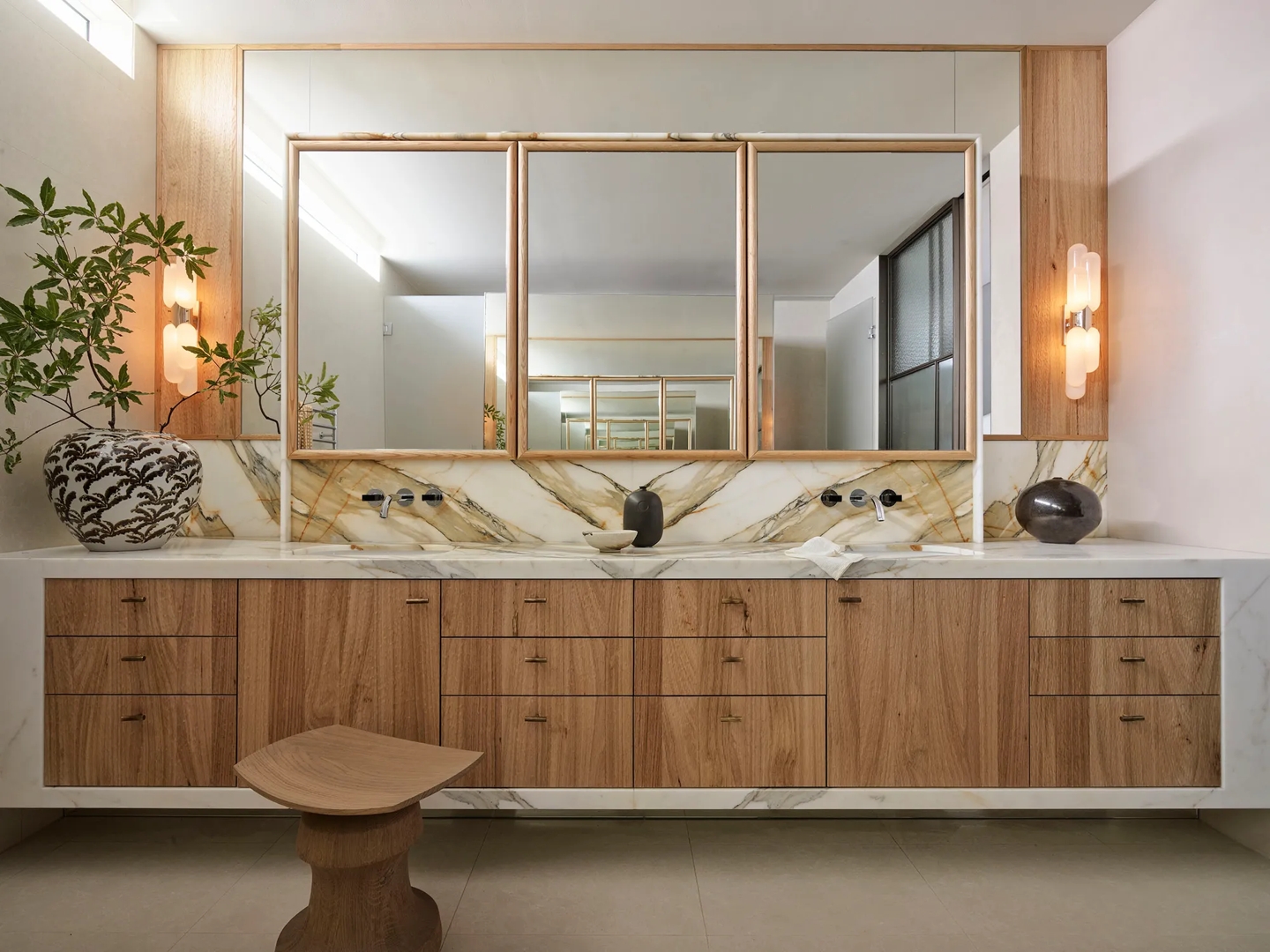 Bay House - Bathroom with Rolled & Hammered Cabinet Pulls (CP1100) in Mid Antique Brass Waxed - MABW (+brochure license)