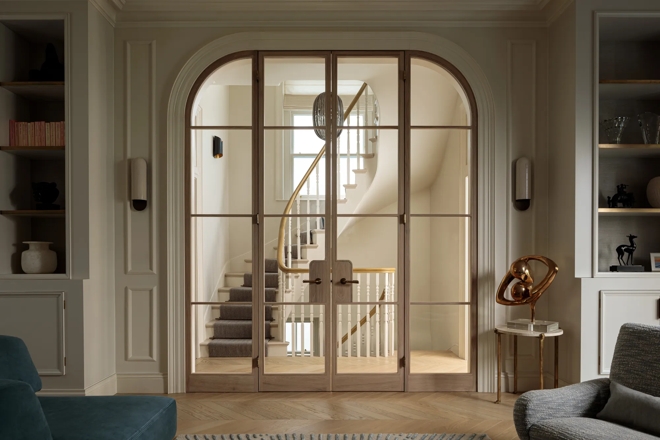 De Vere House (Victoria Road) - Living Room with Darlington II Lever Handles (LV1160) & Ethan Butt Hinges (HG1038) in Mid Antique Brass Waxed - MABW