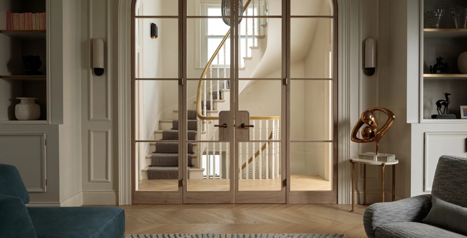 De Vere House (Victoria Road) - Living Room with Darlington II Lever Handles (LV1160) & Ethan Butt Hinges (HG1038) in Mid Antique Brass Waxed - MABW