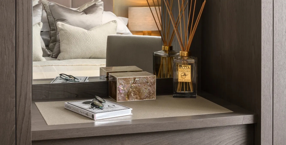 Belgravia Apartment Bedroom Dressing Area with Harlyn Cabinet Handle (CH1083) in Brushed Brass Waxed - BBW