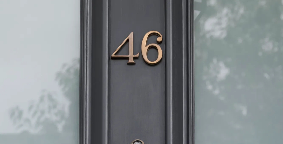 46 Brunswick Gardens - Entrance Door with Security Door Viewer (ED1026) and Numerals (ED1044 & ED1046) in Mid Antique Brass Waxed - MABW
