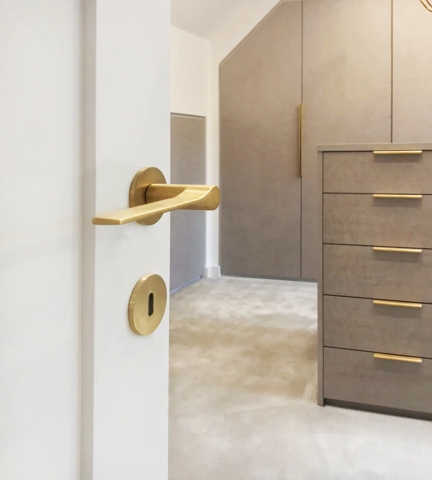 High Bank House, Alderley Edge - Dressing Room with Fonteyn Lever (LV1045, Traditional Keyhole Profile Escutcheon (ES1050) & Round Edge Pull (EP1005) in Brushed Brass Waxed - BBW