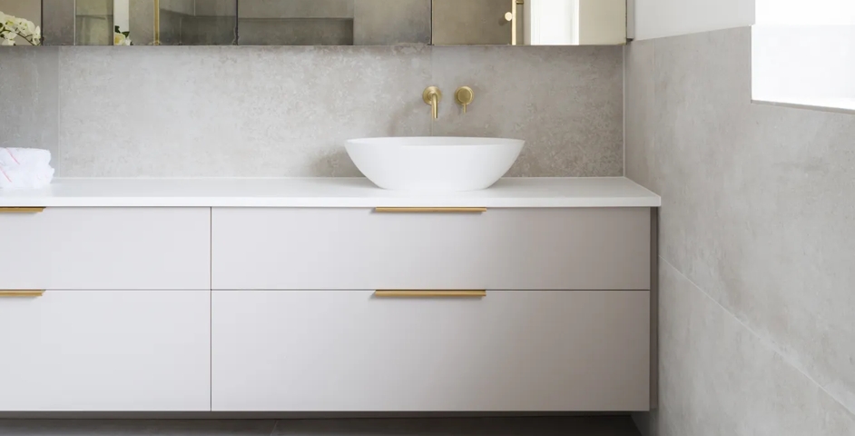 High Bank House, Alderley Edge - Bathroom with Round Edge Pull (EP1005) in Brushed Brass Waxed - BBW on a vanity unit