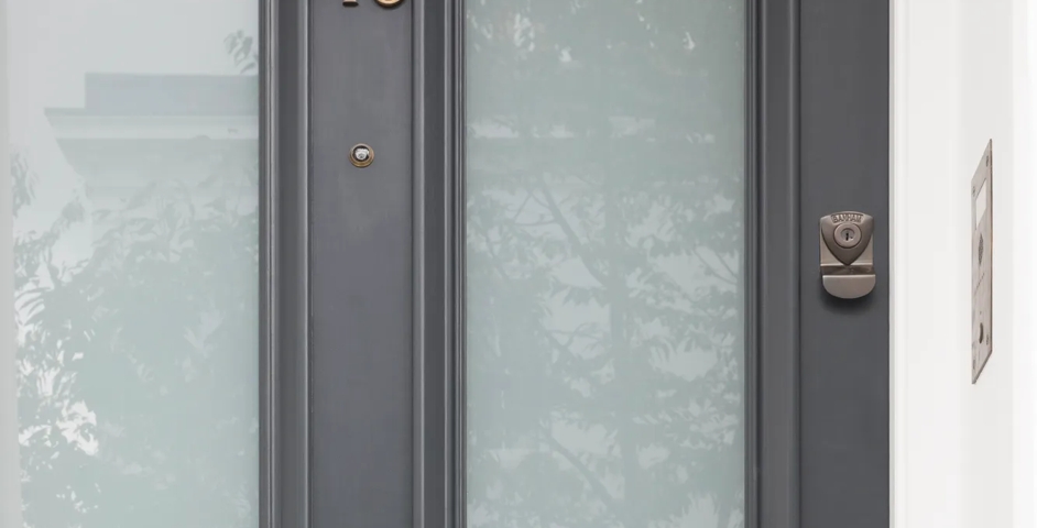 46 Brunswick Gardens - Entrance Door with Berkeley Statement Entrance Door Pull (ED1002), Letter Flap (ED1008), Numerals (ED1044 & ED1046) and Security Door Viewer (ED1026) in Mid Antique Brass Waxed - MABW