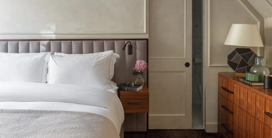 Mayfair Coach House (30 Hays Mews) - Bedroom with Round Recessed Pull with Emergency Release (SF1054) in Mid Antique Brass Waxed - MABW