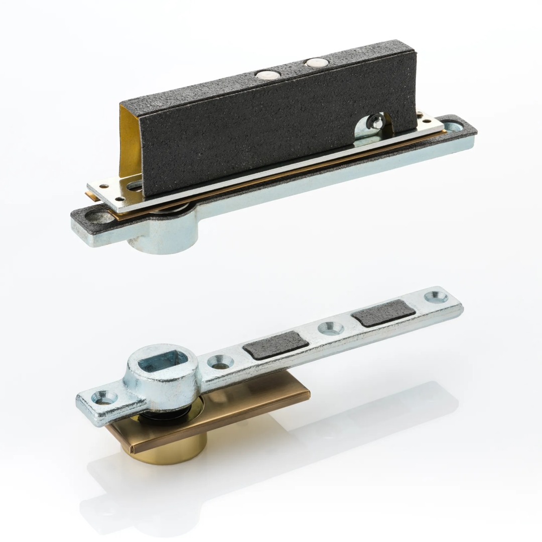 Floor & Frame Pivot with Double Way Arm Set (PV1011) in Mid Antique Brass Waxed - MABW on a white background.