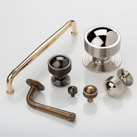 Hurleigh Group Shot (DP1034, LV1095, CP1005, DK1017, ED1010) in Mid Antique Brass Waxed - MABW, Dark Bronze Waxed - DBZW, Polished Chrome - PC & Polished Nickel - PN on white background