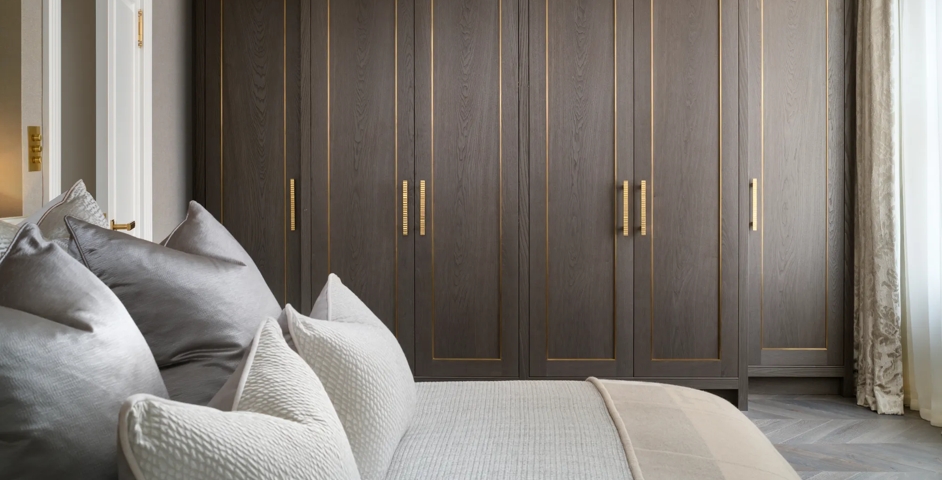 Belgravia Apartment Bedroom with Harrison Lever Handle (LV1105) and Harlyn Cabinet Handle (CH1083) in Brushed Brass Waxed - BBW