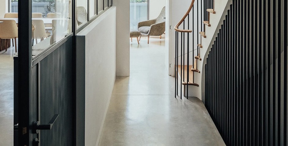 Lightwell House - Hallway with Fonteyn Lever (LV1045) in Dark Bronze Waxed - DBZW on steel door with spacer (SP13499)