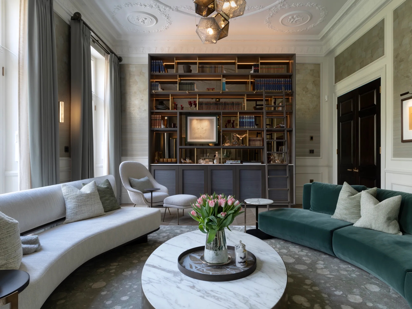 Eaton Square - Living Room with Montgomery Diamond Knurl Lever Handle (LV1142) in Mid Antique Brass Waxed - MABW