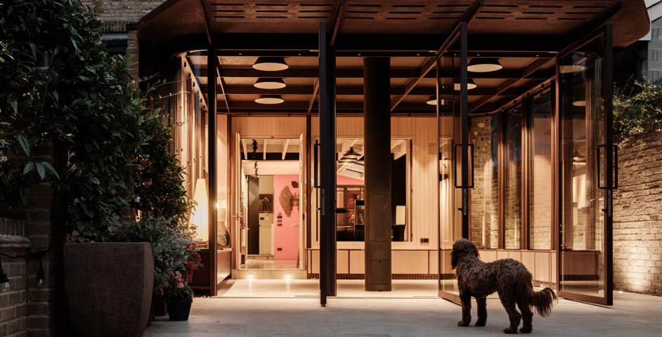 Althorpe Road - Rear Façade in the Evening, with Cube Door Pull (DP1009 & SP15507) in Dark Bronze Waxed - DBZW, Doors Open, with Dog