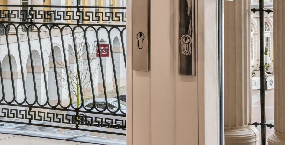 Poundbury - Bespoke lever on rectangular backplate with euro cut out in Polished Chrome - PC