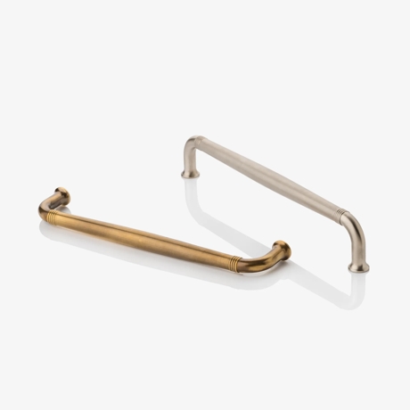 Hero Shot of Hurleigh Cabinet Handles (CH1054) in Brushed Nickel - BN & Mid Antique Brass Waxed - MABW on 5% background