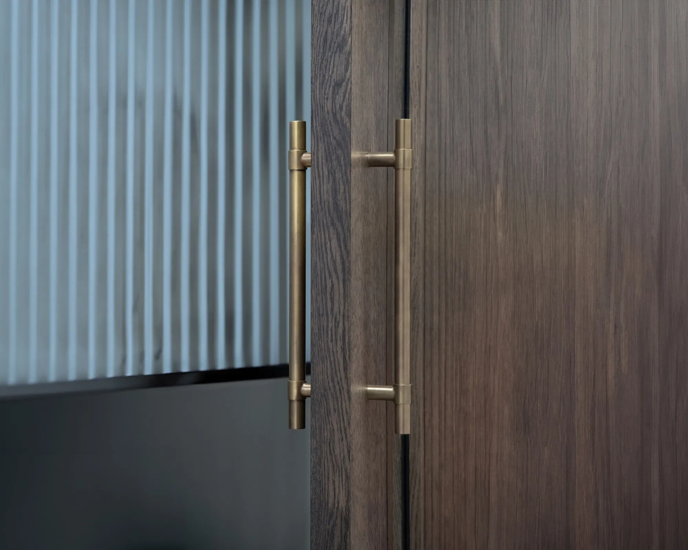 Workshop door with Montgomery Door Pulls (DP1067) living vs. ageless finishes: left-hand MABW, right-hand CMAB