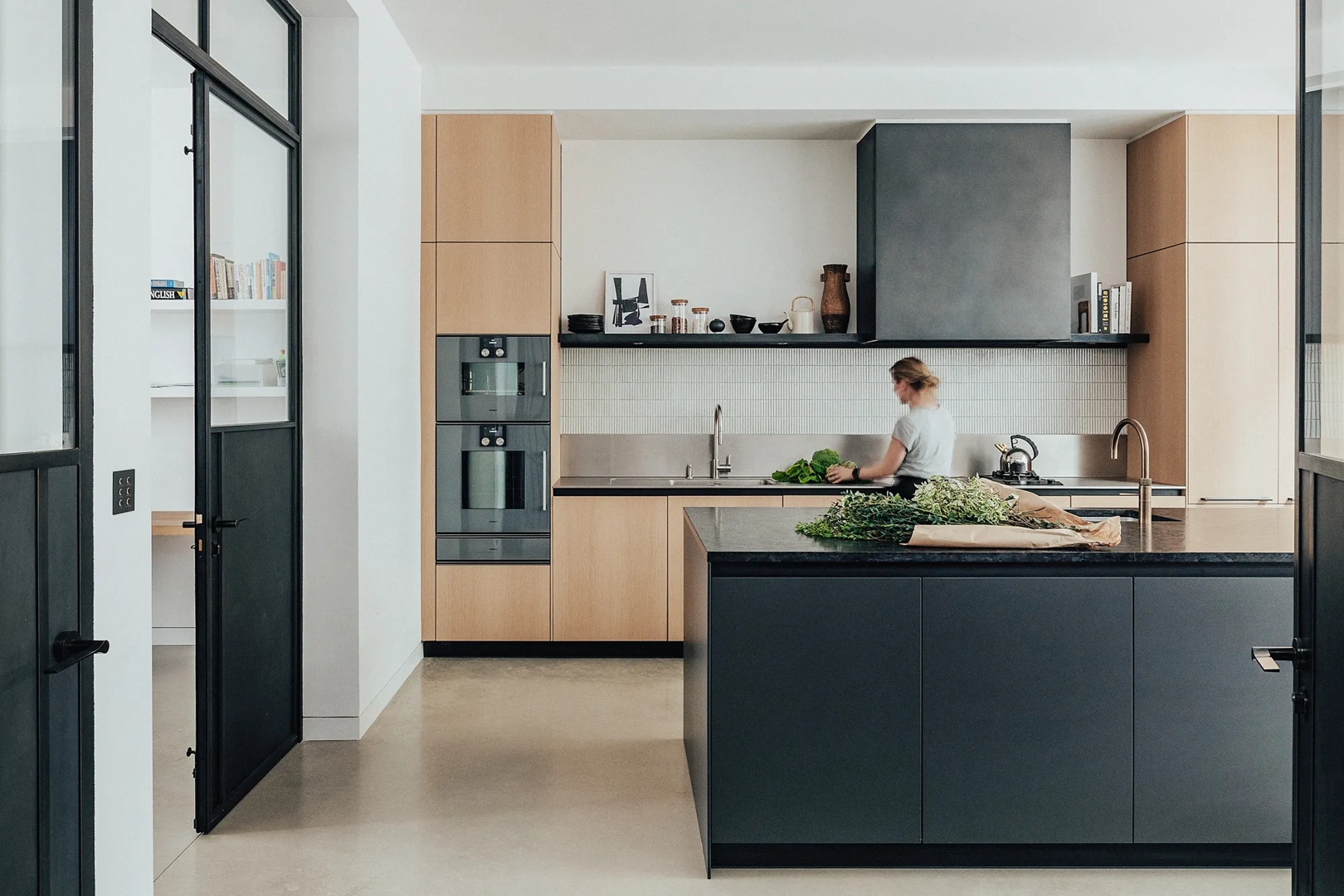 Lightwell House - Kitchen with Fonteyn Lever (LV1045) in Dark Bronze Waxed - DBZW on steel doors with spacer (SP13499)