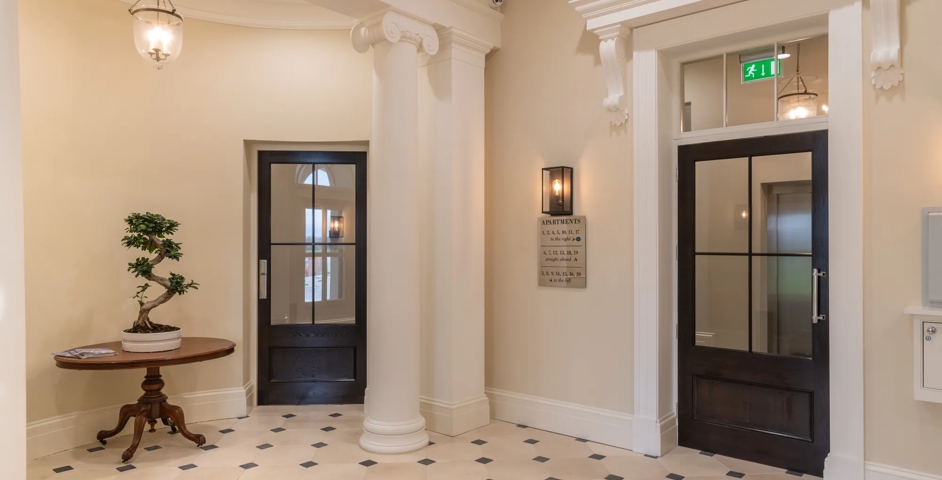 Poundbury - Hallway with Adelphi Door Pull (DP1015) & bespoke push plate in Polished Chrome - PC