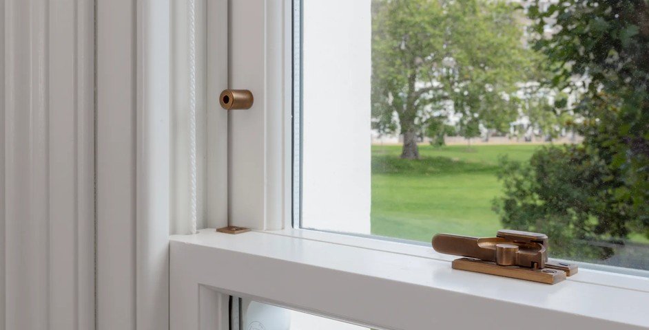 Little Venice, Sutherland Avenue - Sash Window with Sash Fastener (WN1095) & Sash Stop (WN1074) in Mid Antique Brass Waxed - MABW