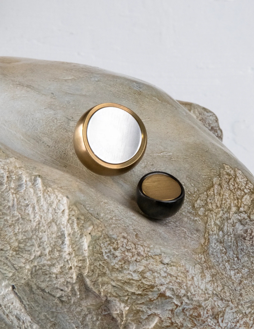 Story Shot of Contour Cabinet Pulls with Inlay (CP1152.01 & CP1152.02) in Mid Antique Brass Waxed - MABW & Brushed Nickel - BN and Dark Bronze Waxed - DBZW & Mid Antique Brass Waxed - MABW (Portrait)