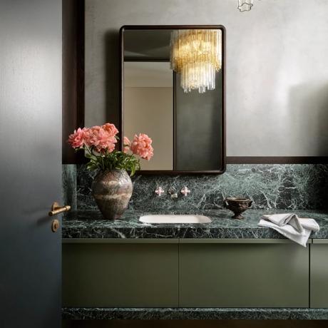 Bay House - Bathroom with Rolled & Hammered Lever Handle (LV1047) & Release (RL1015) in Mid Antique Brass Waxed - MABW