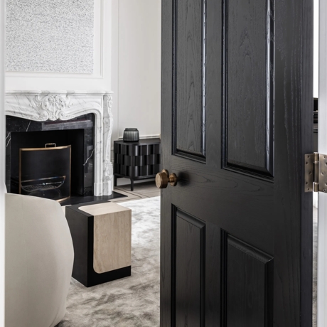 Warwick Avenue - Lounge with Bartlett II Door Knob (DK1049), Eclat Washered Butt Hinge (HG1043) & Round Ringed Euro Cylinder Escutcheon (ES1078) in Mid Antique Brass Waxed - MABW
