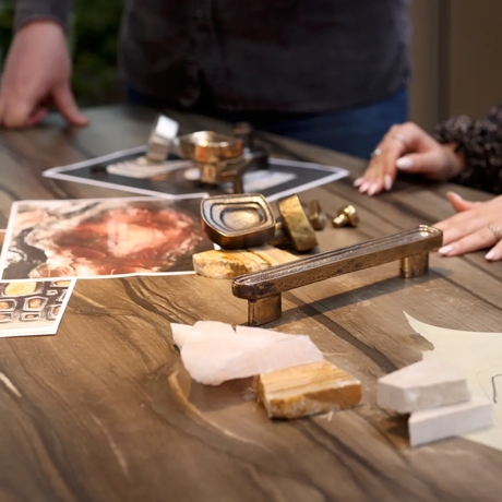 Tiro Inspiration Shoot - Mood Board with Tiro products, pieces of stone, drawings, and printed images