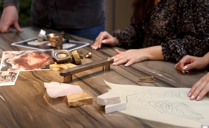 Tiro Inspiration Shoot - Mood Board with Tiro products, pieces of stone, drawings, and printed images