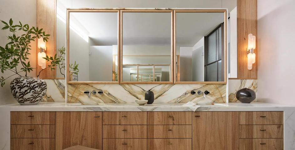 Bay House - Bathroom with Rolled & Hammered Cabinet Pulls (CP1100) in Mid Antique Brass Waxed - MABW (+brochure license)