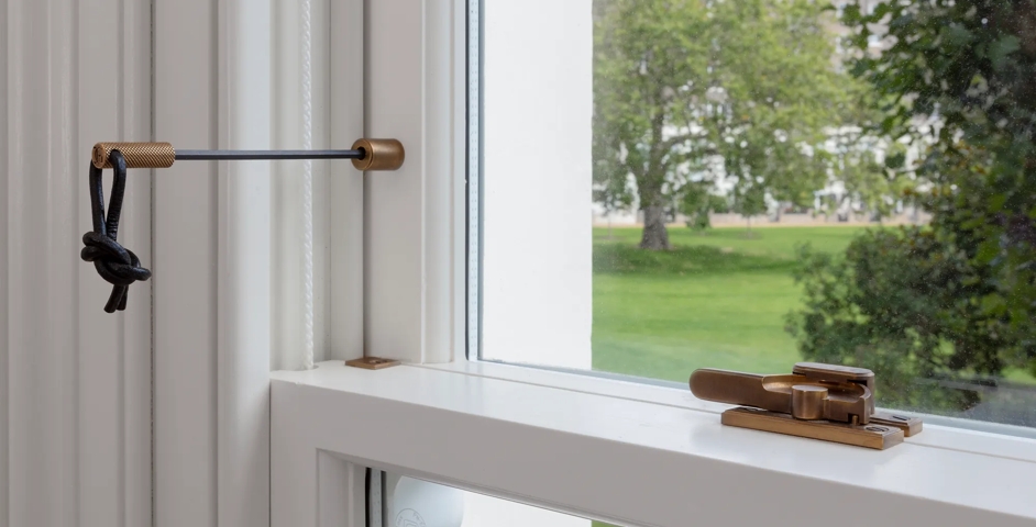 Little Venice, Sutherland Avenue - Sash Window with Sash Fastener (WN1095), Sash Stop (WN1074) & Sash Window Key (WN1091) in Mid Antique Brass Waxed - MABW