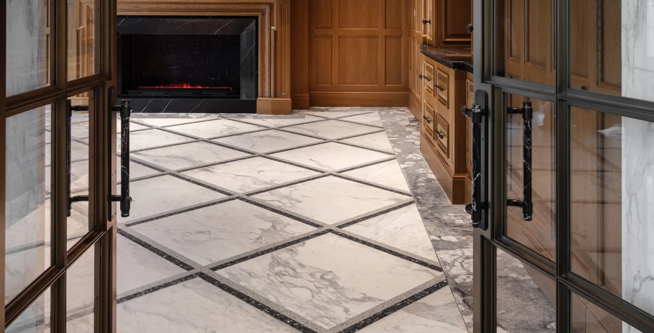 Grande la Demeure - Lounge with Collett Cranked Marble Door Pull (DP1050) in Black Portoro - BPM & Dark Bronze Waxed - DBZW