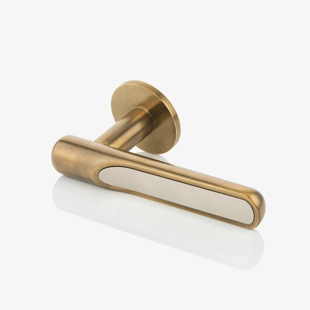 Contour Lever Handle (LV1217) in Mid Antique Brass Waxed - MABW & Brushed Nickel - BN - 5k background