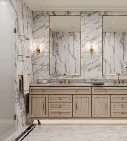 Bathroom with Shower Door Fittings (BA1043, HG1047), Fonteyn Towel Rail (BA1040), Fonteyn IP44 Wall Light (LW1006), Montgomery Linear Knurl Cabinet Handle (CH1127) & Cabinet Pull (CP1145) in Mid Antique Brass Waxed - MABW